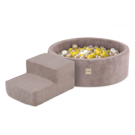 PLUSH NEST Playground Dry pool 90x30 + step (+200 balls: pearl, gold, yellow), beige, premium corduroy