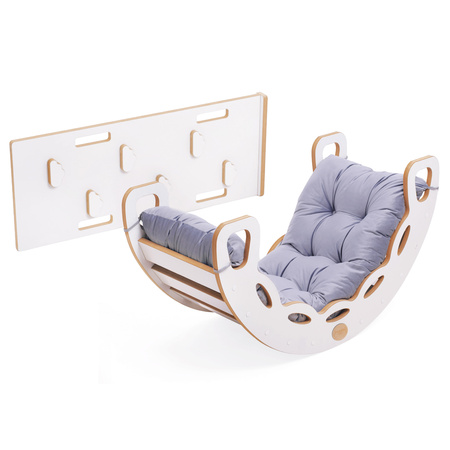 PLUSH NEST Bujak Small Rocker 4 w 1 + ścianka wspinaczkowa/zjeżdżalnia + poduszka (Lila Fiolet Velvet), biały Wooden Play