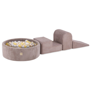 PLUSH NEST Spielplatz 3 Elemente + Trockenbecken 90x30 (+200 Kugeln: Perle, Gold, Gelb), beige, Premium-Cord