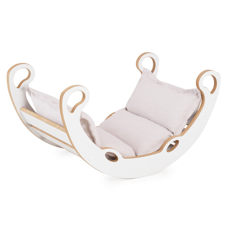 PLUSH NEST Bujak dla dzieci XS Mini Rocker 2w1 + poduszka Jasny Beżowy, biały, Wooden Play