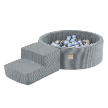 PLUSH NEST Spielplatz Trockenbecken 90x30 + Stufe (+200 Bälle: Perle, Silber, Hellblau), grau, Premium Cord