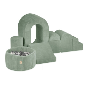 PLUSH NEST Spielplatz Schloss mit Pool+150 Bälle (Perle, Silber), Premium Cord grün