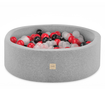 PLUSH NEST Ballpool, hellgrau, rund, Baumwolle, smart, 90x30, 200 Bälle: rot, schwarz, transparent