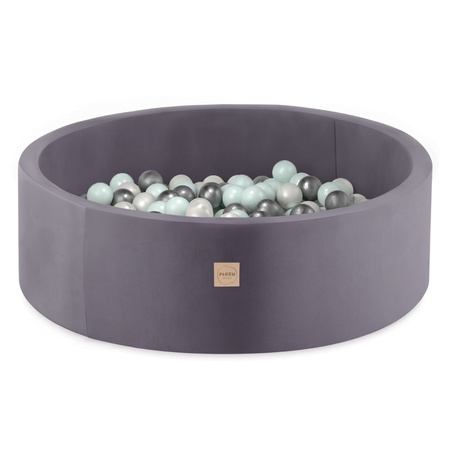 PLUSH NEST Bällebad, grau, rund, Velours, 90x30, 200 Bälle: mint, silber, weiß