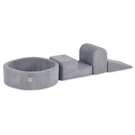 PLUSH NEST Playground 3 elements + dry pool 90x30 (+200 balls: pearl, silver, light blue), gray, premium corduroy