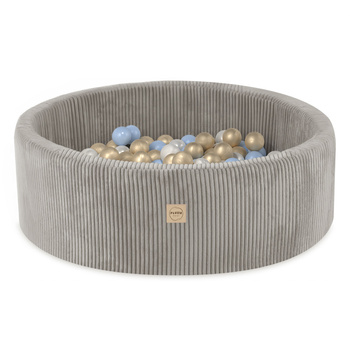 PLUSH NEST Basen z piłkami, beżowy, okrągły, sztruks premium, 90x30, 200 piłek: perłowy, niebieski, złoty