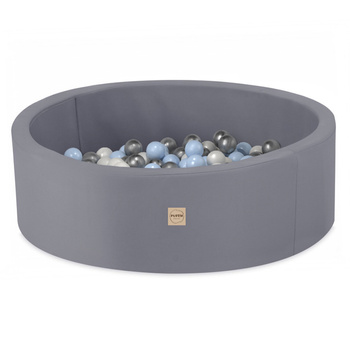 PLUSH NEST Dry Pool, Outdoor, rund, grau, wasserdicht, 90x30 cm, 200 Bälle: perlmutt, hellblau, silber