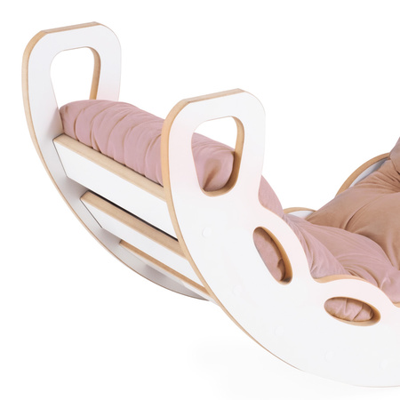 PLUSH NEST Small Rocker 4-in-1 Wippe + Kletterwand/Rutsche + Kissen (beige/gold Velvet), weiß Wooden Play